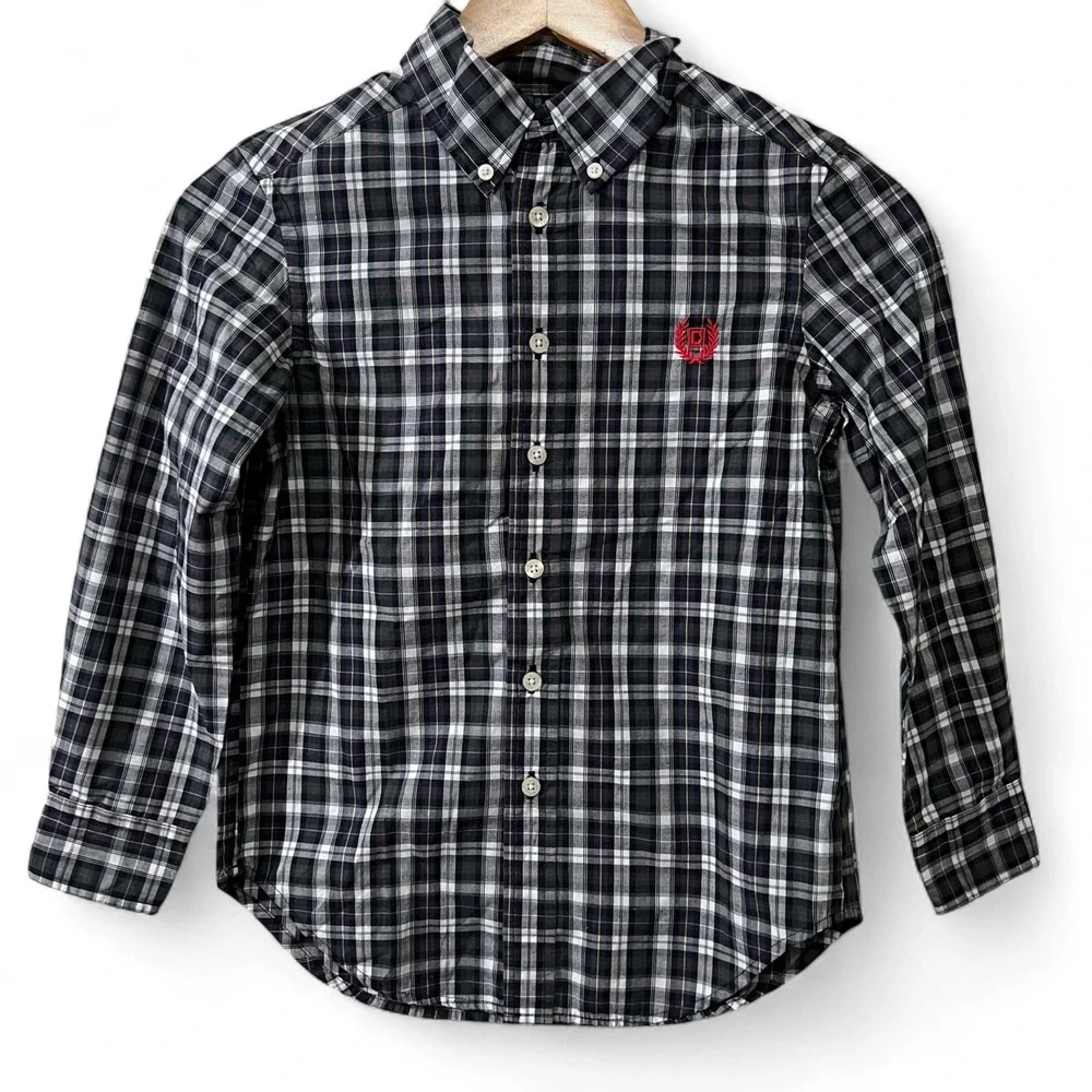 Chaps Kids Button Down Shirt Boys Small 8 Navy Blue‎ Plaid Long Sleeve Preppy